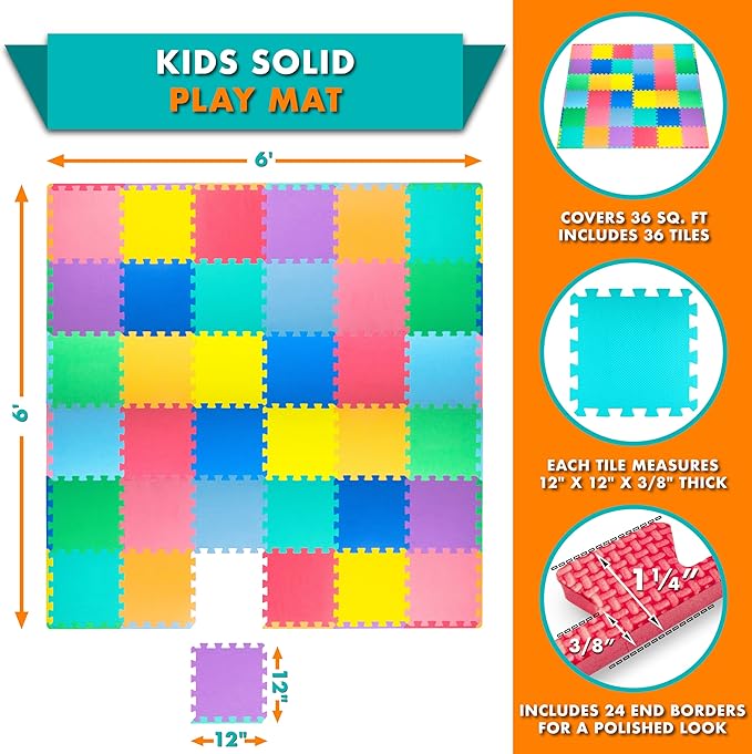 ProSource Foam Puzzle Floor Play Mat for Kids and Babies with Solid Colors, 36 or 16 Interlocking Tiles with Borders, Assorted
