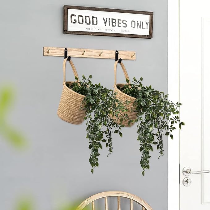 Defined Deco 2 Pack Jute Hanging Basket, Hanging Rope Basket with 4 hooks, Flower Plants Wall Basket Decor Set, Rustic Woven Basket Organizer, Boho Wall Decor for Living Room, Bedroom, Bathroom