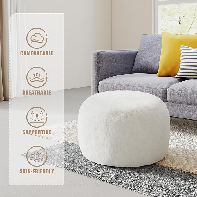 Round Stuffed Pouf Ottoman for Foot Rest, A Round Modern Foam Filled Poufs, Floor Chair for Living Room, Nursery, Dorm, A Soft Modern Foot Stool Perfect to Rest Your Feet (White, 20Inch)