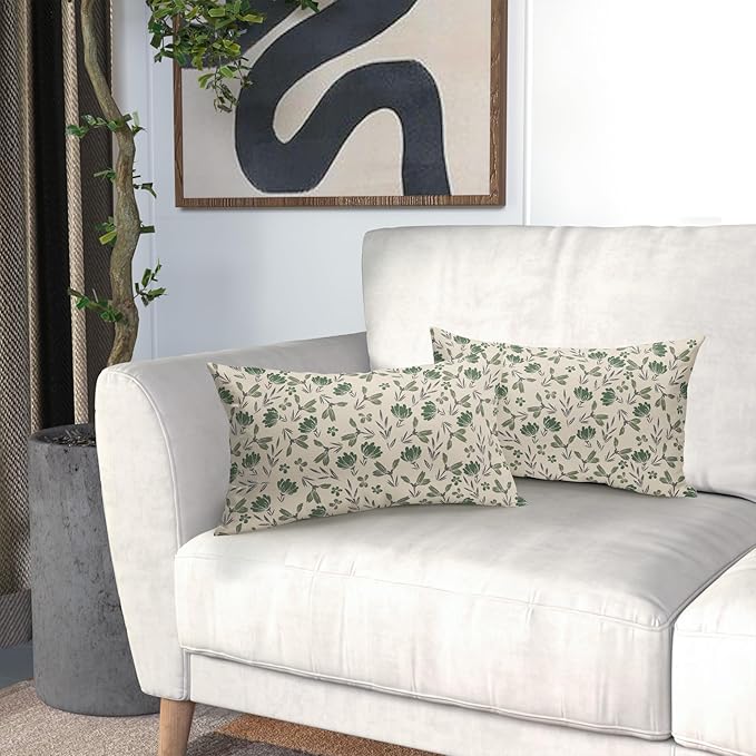 Sage Green Grey Floral Pillow Covers 12x20 Set of 2 Vintage Rustic Old Style Cute Small Flower Print Rectangle Decorative Outdoor Pillowcases Farmhouse Throw Cushion Case Decor for Couch Sofa Bed