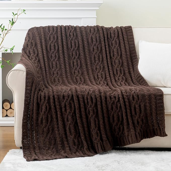 Battilo Dark Brown Throw Blanket for Couch, 51"x67" Soft Chenille Knit Throw Blanket for Home Decor, Soft Cozy Blanket, Decorative Chocolate Brown Blanket for Bed, Living Room