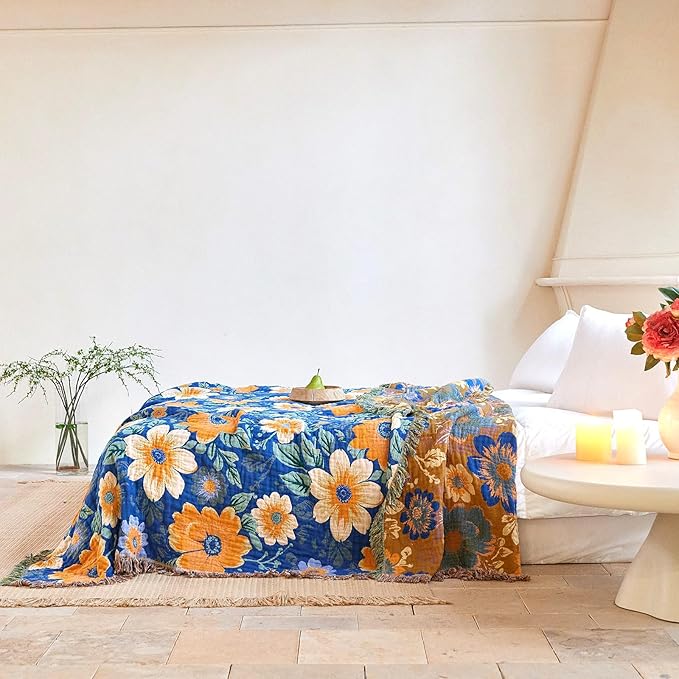 Boho Throw Blanket for Bed Cotton Spring Blankets for Bedroom Living Room Twin All Season Lightweight Floral Embroidery Quilt for Couch Sofa Chair 60"x80"
