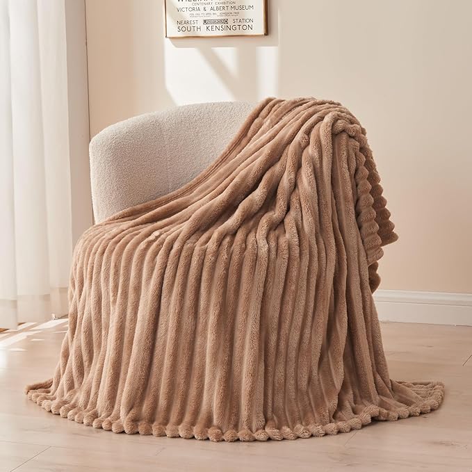 NEWCOSPLAY Super Soft Queen Blanket Taupe Premium Silky Flannel Fleece 3D Ribbed Jacquard Lightweight Bed Blanket All Season Use (Taupe Ribbed, Queen(90"x90"))