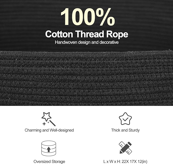 Black Basket for Blankets, 75L Large Woven Blanket Storage for Living Room, Cotton Rope Baskets for Organizing, Kids Dog Toy Bin Box, Rectangle Pillow Holder Organizer, 22”x17”x12”
