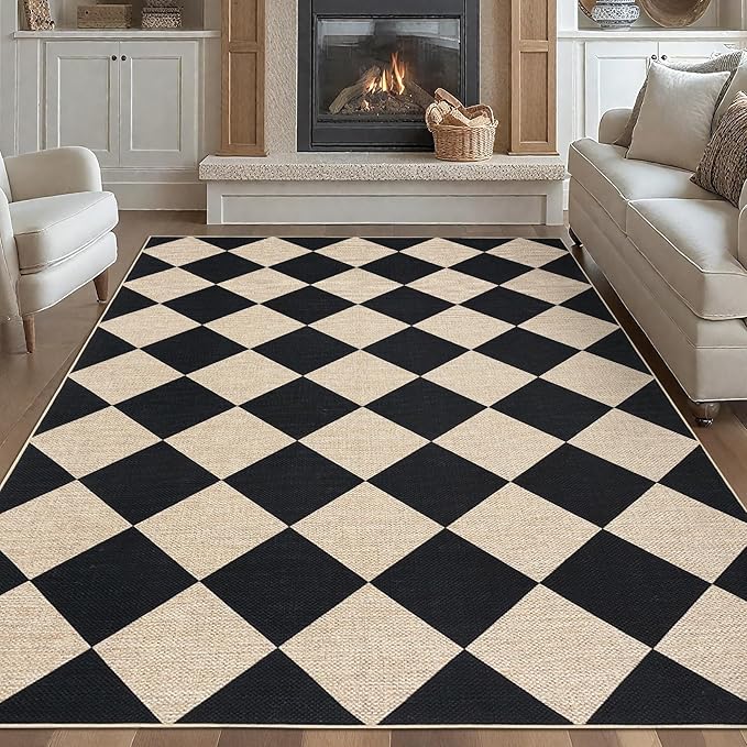 GarveeHome 9x12 Checkered Easy Jute Rugs for Bedroom Machine Washable Large Rugs Non-Slip Backing Modern Neutral Stain Resistance Carpets for Farmhouse Patio Dining Room Backyard Black