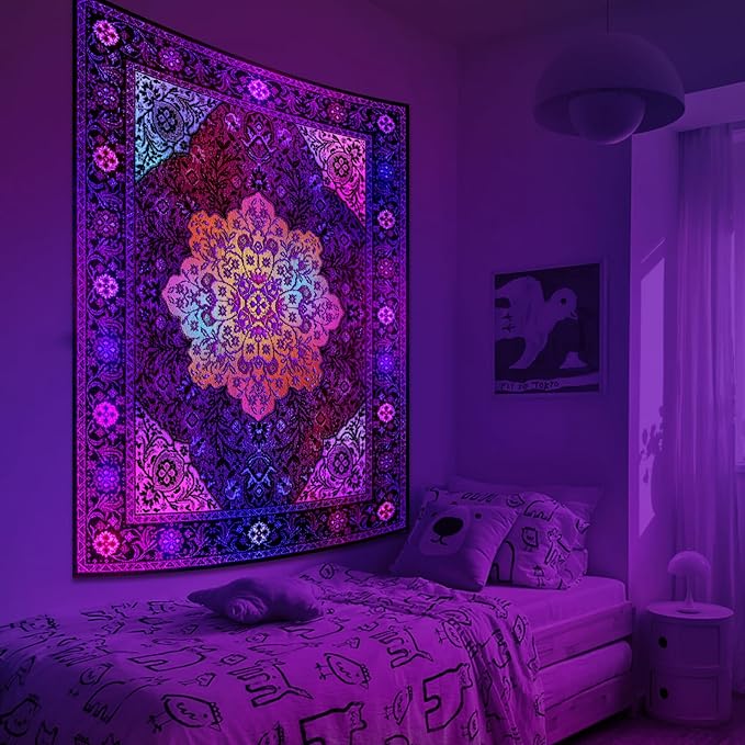 Apdidl Blacklight Boho Mandala Hippie Wall Tapestry for Bedroom, Glow in The Dark Neon Indian Bohemian Floral Tapestries Blanket Art Decor, UV Reactive Purple Wall Hanging for Living Room Dorm 51" X 60"