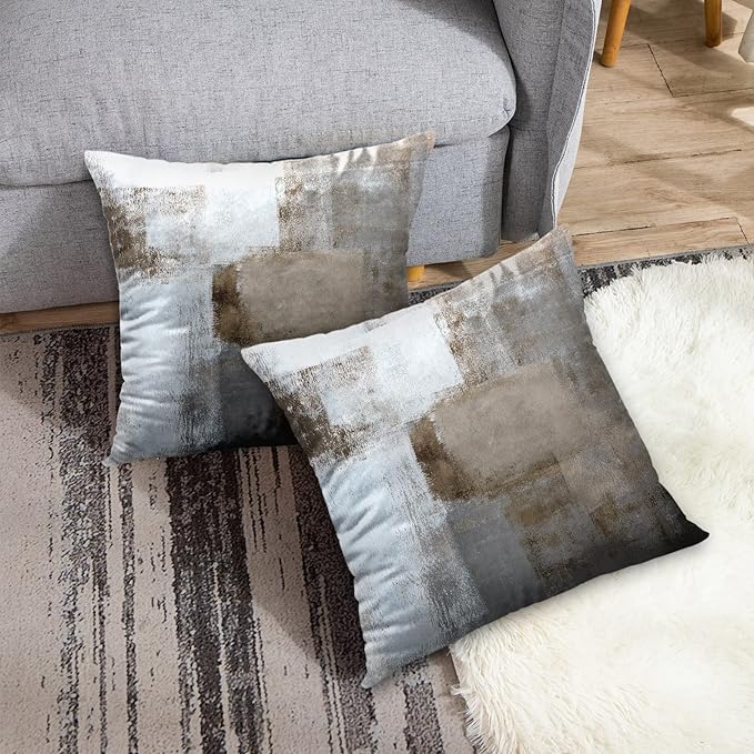 Britimes Throw Pillow Covers Modern Home Art Decor, 16 x 16 Inches Set of 2 Abstract Oil Painting Pillowcases for Bedroom, Living Room, Cushion Couch Sofa, Beige Home Grey Brown