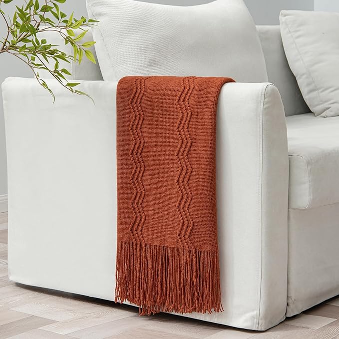 MIULEE Rust Knitted Throw Blanket for Couch Terracotta Boho Textured Cozy Woven Rustic Blanket with Tassels for Sofa Chair Bed Living Room Farmhouse Decor Acrylic Wave Pattern 50"x60"