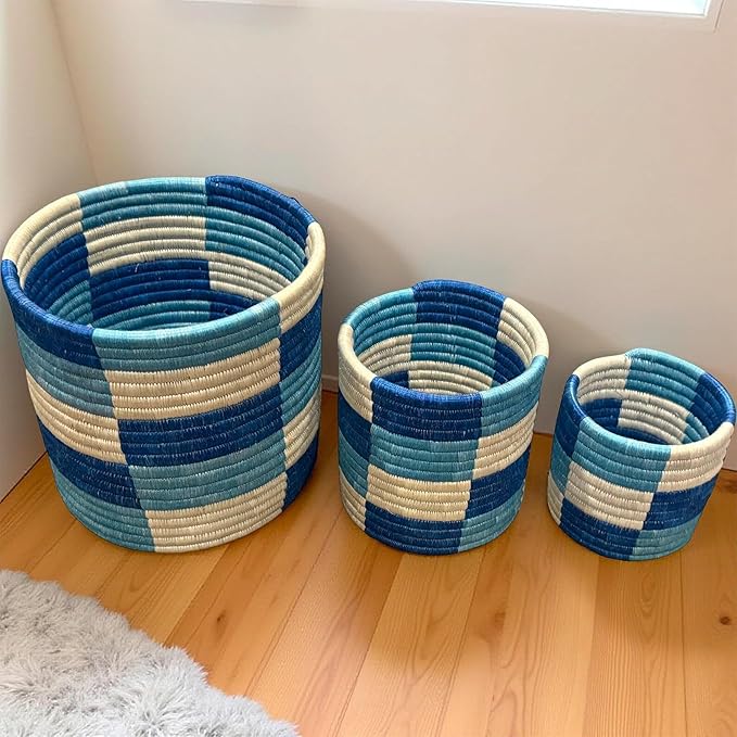 African Planter Baskets Sets of 3 Woven Sisal Baskets for Indoor Plant Pots Covers Home Decor Storage Organizer Gifts Zen Designs Arts and Crafts (Teal Blue and Natural)