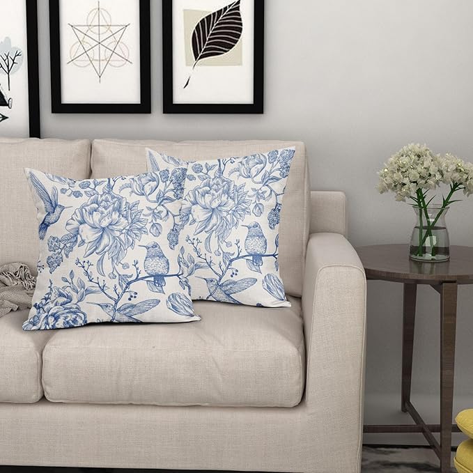 Chinoiserie Blue White Floral Pillow Covers 18X18 Inch French Country Vintage Flowers Bird Decorative Pillow Cases Set of 2 Seasonal Cotton Linen Throw Pillows Farmhouse Home Decor For Sofa Couch