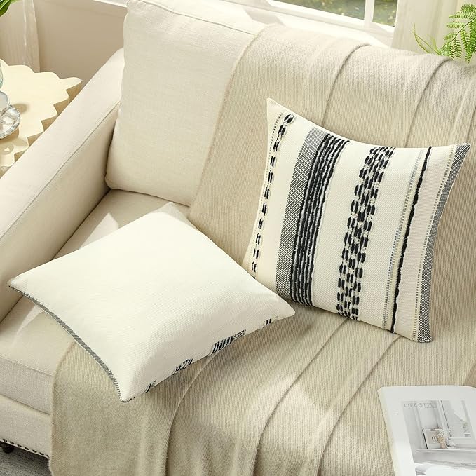 FUTEI Black White Decorative Throw Pillow Covers 18x18 Inch Set of 2, Soft Tufted Striped Textured Accent Cushion Case,Boho Pillows for Couch Decor