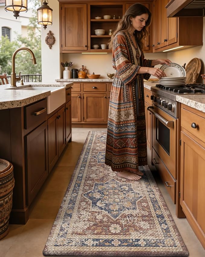 DEXI Kitchen Floor Mats Anti Fatigue, 17x29+17x59 Large Cushioned Runner Rug Waterproof, Standing Comfort Memory Foam Padded for Front Sink Laundry Office Set of 2, Reddish Brown