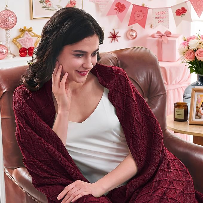 inhand Claret Knitted Throw Blanket for Couch Bed, Mothers Day/Mom Birthday Gifts for Mom from Daughter Son, Soft Lightweight with Tassels, Farmhouse Warm Decorative Blanket for Women, 60"x80"