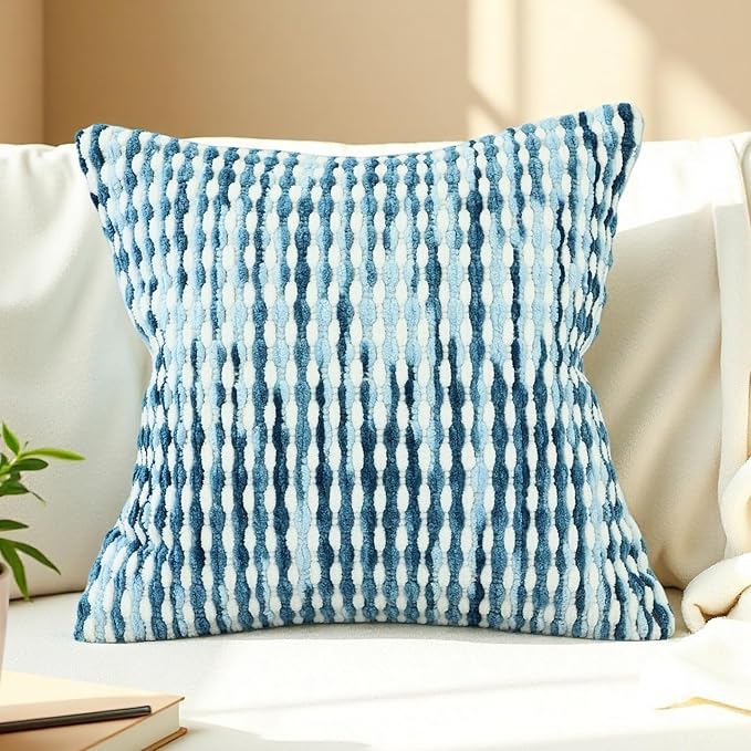 Boho Chenille Striped Pillow Cover 18x18 Inch, Decorative Pillow Cover for Couch Bed Sofa Living Room Bedroom Farmhouse Modern Home Decor Accent Pillowcases Set of 1, Blue White