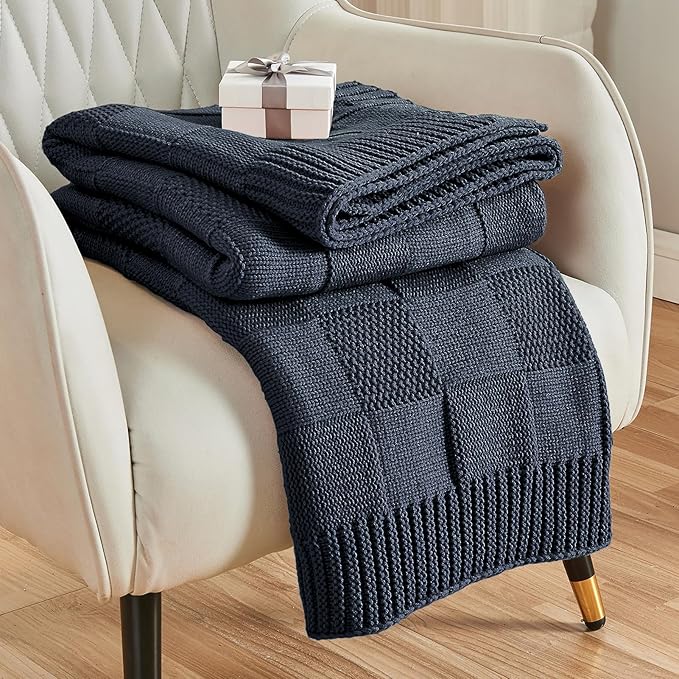 CozeCube Check Knit Throw Blanket, Midnight Navy Checkered Throw for Couch, Decorative Christmas Soft Cozy Warm Knitted Blanket for Bed Sofa Living Room, 50"X60"