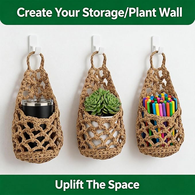 Macrame Plant Hanger Set of 2, Boho Wall Hanging Planter for Up to 4 Inch Pots - Handwoven Cotton Rope Wall Decor with S-Hooks for Indoor Plants in Living Room, Bedroom & Office