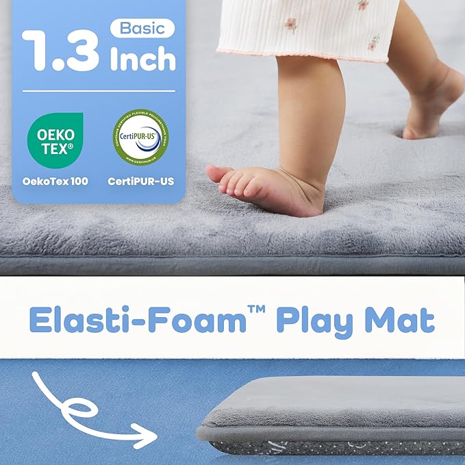 1.3" Thick Baby Play Mat for Floor, 79x79 Playpen Mat, Pro Soft Flannel Foam Mats Toddler Infant Kids Crawling for Nursery Rug Playroom Living Room Waterproof Easy Care Non-Slip (Light Grey)