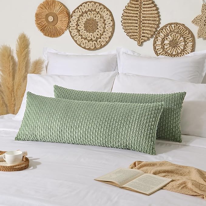 Kevin Textile Spring 20x54 Inch Long Body Lumbar 1 Pack Boho Decorative Throw Pillow Cover Soft Striped Corduroy Rectangle Cushion Case Farmhouse Accent for Living Room Couch Sofa Bed, Sage Green