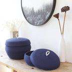 Sea Team Round Cotton Rope Storage Basket with Lid, Decorative Woven Storage Bin, Pot, Caddy, Organizer, Container for Snacks, Towels, Plants, 13 x 9 Inches (Large, Dark Blue)