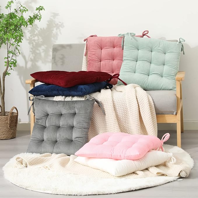 HLOVME Corduroy Chair Cushion with Ties Ultra Soft Warm Floor Cushion for Kids Reading Nook Comfortable Square Seat Cushion for Adult 15.7”x15.7” Set of 2, Grey
