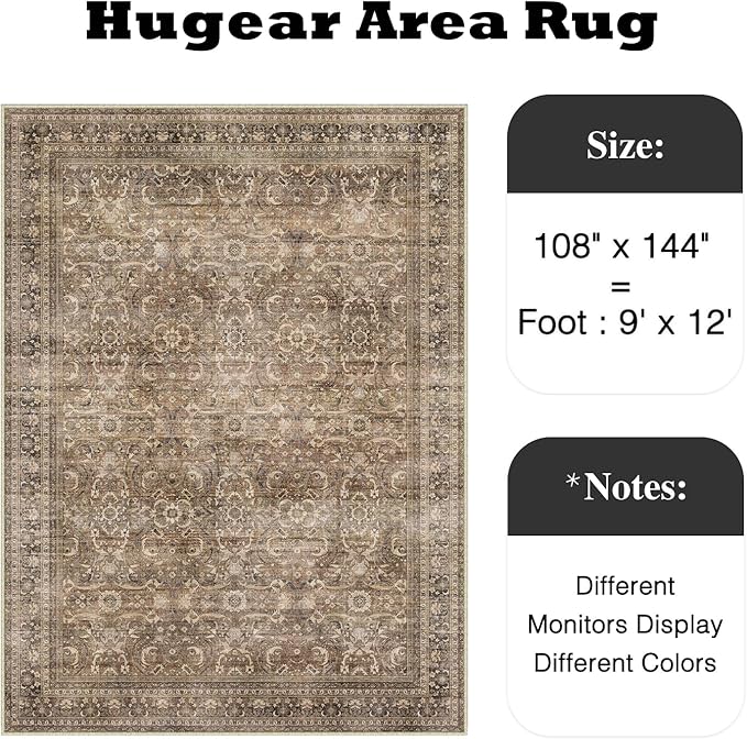 HUGEAR Area Rug 9x12 Vintage Brown Machine Washable Living Room Rugs Distressed Retro Floral Vacuumable Low Pile Carpet Bedroom Office Dining Room Laundry Room Non Slip Soft Lightweight