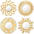 Dandat Set of 4 Gold Mirrors for Wall Decor Small Circle Flowers Mirrors Decorative Silvery Hanging Wall Art Flowers Mirror for Home Living Dinning Room Bedroom Bathroom Boho Art Gifts(Gold)
