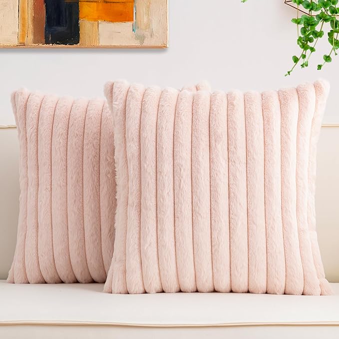 Pack of 2 Faux Fur Fall Throw Pillow Covers 24x24 Inch, Soft Plush Striped Neutral Couch Pillow Cover, with Velvet Back Modern Home Decor for Sofa Living Room Couch Bed Light Pink