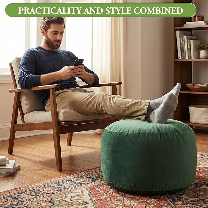Yookeer Round Velvet Pouf Ottoman 20x12 Inch Green Foot Rest Stool Soft Floor Pouf for Living Room, Bedroom, Decorative Comfortable Home Furniture Accessory