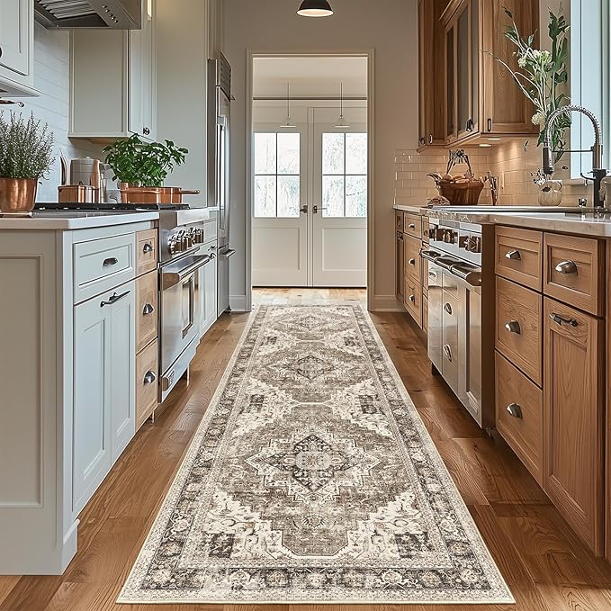 Washable Runner Rug 2.6x8 Runners for Hallways, Ultra-Thin Carpet Runners for Entryway Anti Slip Backing Runner Rugs for Kitchen Laundry Room Indoor Hallway (Brown/Beige)