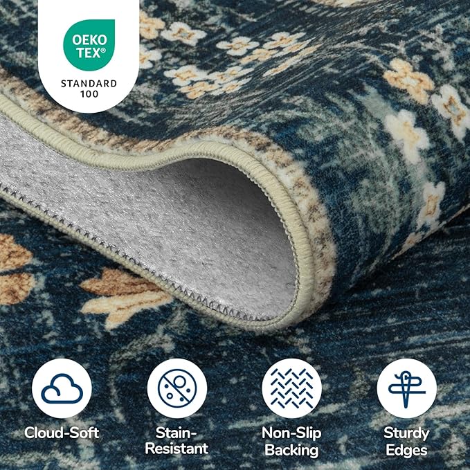 Lessymo Dining Room Rugs for Under Table, 6x9 Washable Area Rug for Living Room, Low Pile Non-Slip Floor Carpet for Bedroom, Stain Resistance Vintage Floral Design Décor, Navy/Beige