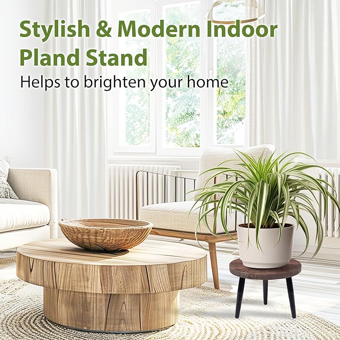 2 Pcs 8 inch Plant Stands, Small Floor Indoor Plant Stand, Mid Century Wood Planter Stand with Metal Leg, Round Modern Plant Stool for Indoor Outdoor Flower Pots (Brown)