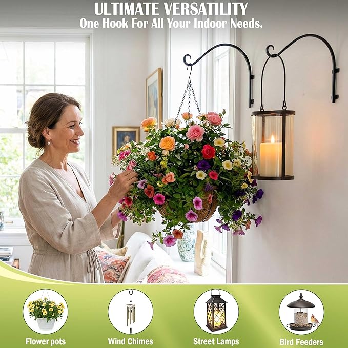 Heavy Duty Hanging Plant Bracket: 50lbs Weight Capacity - Bird Feeder Hangers 2 Packs, 12-Inch Black Metal Plant Bracket Wall Hook for Birdhouse, Wind Chimes, Lanterns, Easy to Install