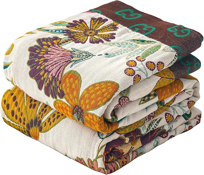 Queen Boho Throw Blanket for Bed, 100% Cotton Muslin Soft Throw-Floral Farmhouse Rustic Decor Blanket for Couch Sofa Quilt and Gift, 80" x 90"-BeigeWhite