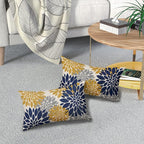 Navy Blue Yellow Pillow Covers 12X20 Inch Set of 2, Modern Geometry Dahlia Floral Print Decorative Rectangle Throw Pillow Covers Outdoor Farmhouse Cushion Case for Home Couch Sofa Bed Decoration
