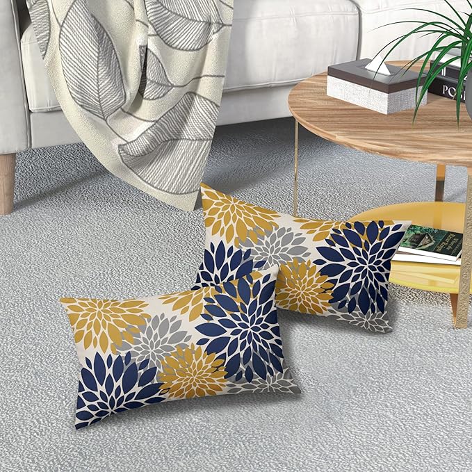 Navy Blue Yellow Pillow Covers 12X20 Inch Set of 2, Modern Geometry Dahlia Floral Print Decorative Rectangle Throw Pillow Covers Outdoor Farmhouse Cushion Case for Home Couch Sofa Bed Decoration