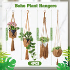 4 Packs Macrame Plant Hangers with Tassels Boho Crochet Hanging Plant Basketball for Indoor Outdoor Plant Hanger with 4 S Shaped Hooks for Home Decor Window Flower Pot(Brown)