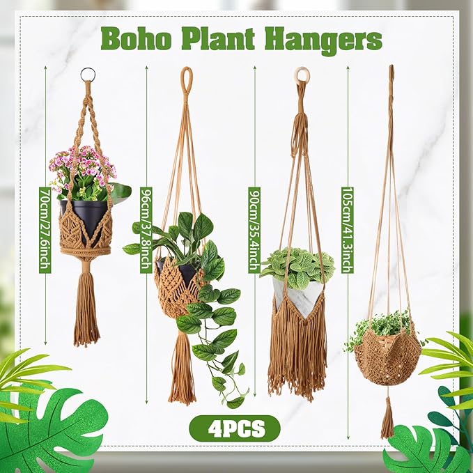 4 Packs Macrame Plant Hangers with Tassels Boho Crochet Hanging Plant Basketball for Indoor Outdoor Plant Hanger with 4 S Shaped Hooks for Home Decor Window Flower Pot(Brown)