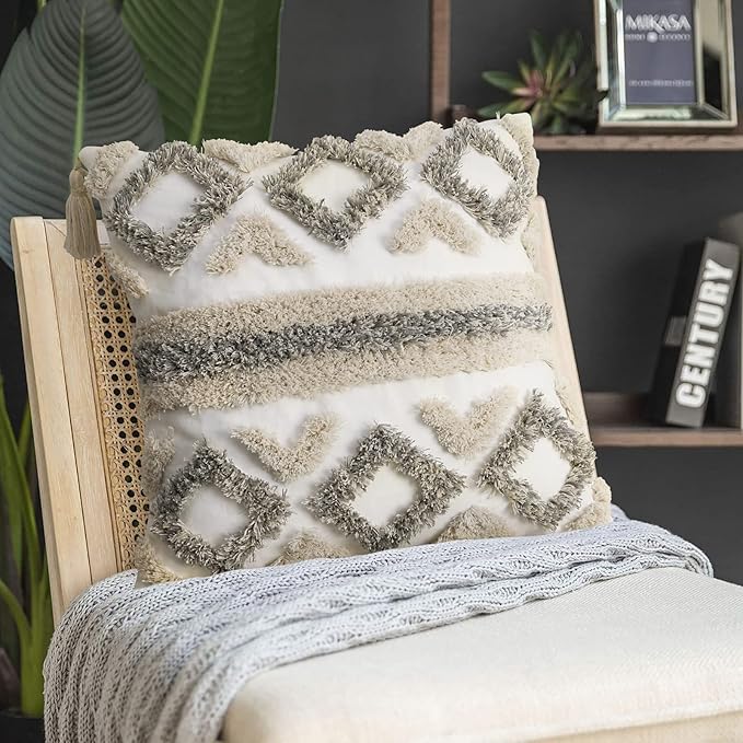 Merrycolor Boho Throw Pillow Covers 18x18 with Tassels White and Grey Decorative Throw Pillows Woven Tufted Pillowcase Modern Accent Bohemian Square Cushion Covers for Couch Sofa Bedroom Living Room