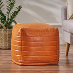 GDFStudio Contemporary Faux Leather Channel Stitch Pouf Ottoman Foot Stool - Bean Bag Floor Chair - Foot Rest Couch for Living Room Bedroom,Caramel Cube,16"" x 16"" x 16"", Conrai,caramel, 314802N