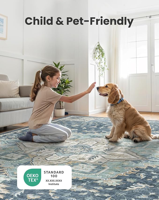 AMADA HOMEFURNISHING 10x14 Washable Area Rug, Low-Profile Large Area Rug with Non-Slip Backing & Durable Edge Binding, Vintage Large Rugs for Living Room, Bedroom & Dining Room
