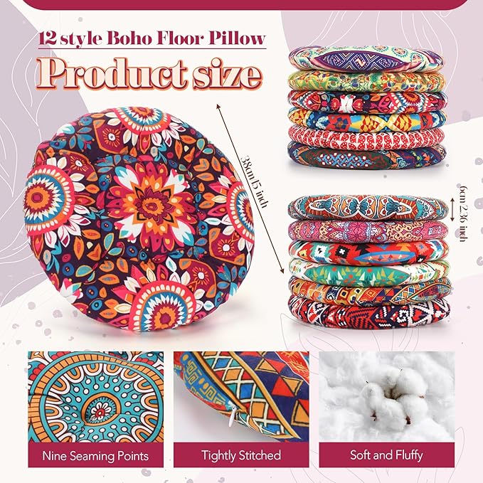 Nuogo 12 Pcs Bohemian Floor Cushions Bulk 15 Inch Boho Floor Sitting Meditation Pillows Yoga Mandala Meditation Pouf for Living Room Balcony Office Tatami(Round)
