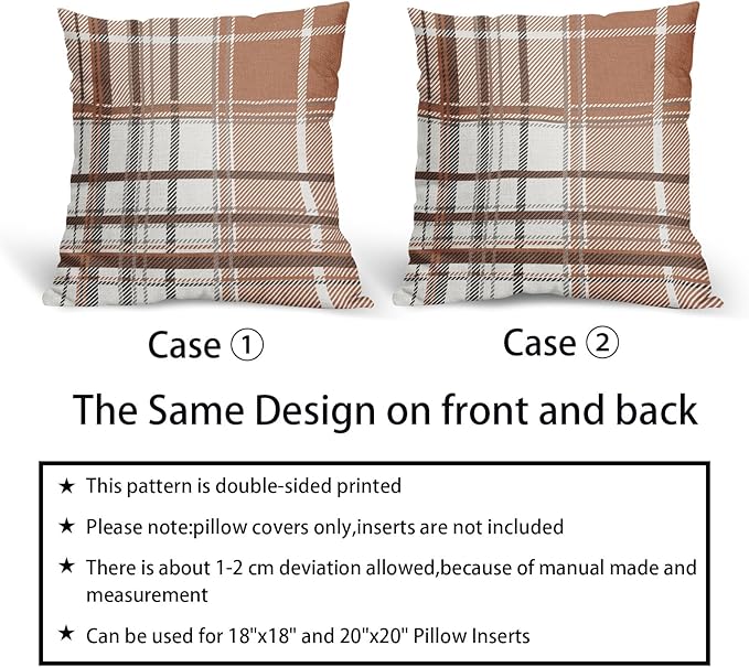 Kawani Fall Orange Grey Plaid Pillow Covers 20X20 Inch Autumn Retro Buffalo Tartan Decorative Pillow Cases Set of 2 Thanksgiving Farmhouse Throw Pillows for Cushion Sofa Couch Outdoor