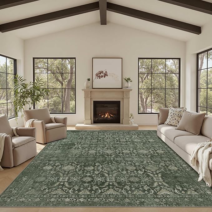 8x10 Area Rugs for Living Room Bedroom, Large Washable Rug, Green Vintage Floral Boho Rug, Non Slip & Low Pile Faux Wool Thin Carpet for Indoor Dining Room and Kids Room(Green 8x10ft)