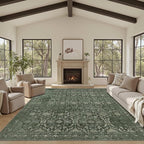 8x10 Area Rugs for Living Room Bedroom, Large Washable Rug, Green Vintage Floral Boho Rug, Non Slip & Low Pile Faux Wool Thin Carpet for Indoor Dining Room and Kids Room(Green 8x10ft)