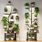 Plant Stand Indoor with Grow Lights - 9-Tier Curved Plant Stand, Tall Metal and Wood Indoor Plant Shelf with Unique Arched Design, Multi-Tier Flower Pot Holder Rack with Waterproof Finish, 63" Tall for Living Room, Balcony, and Garden