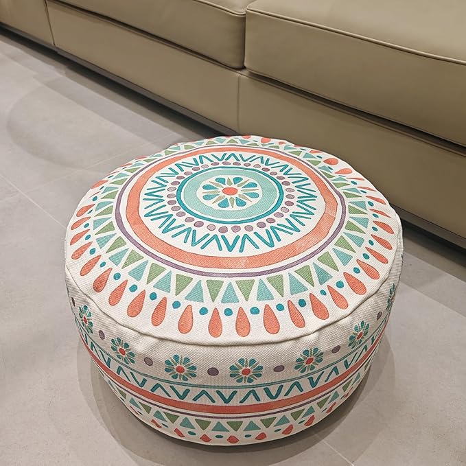 MOCOFO Round Bohemian Ottoman Pouf Cover, 18 Inch, Cotton Blend, Church Window Print, Living Room Storage Footrest, Cover Only (Pink Ink)