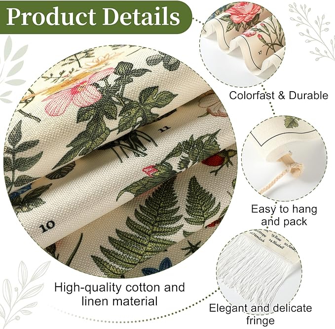 Geetery Vintage Floral Vertical Tapestry Wall Hanging Decor Long Flower Narrow Botanical Fabric Wall Art Hanging Reference Illustrative Tassel Tapestry for Bedroom Living Room Home Decor Gift(White)