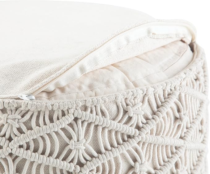 SIMPLIHOME Coates Round Pouf - 18 inch Wide Handwoven Cotton Macrame Ottoman in Natural, Boho Footstool, Decorative Pouf or Extra Seating for Living Room, Bedroom, or Kids Room, Assembled