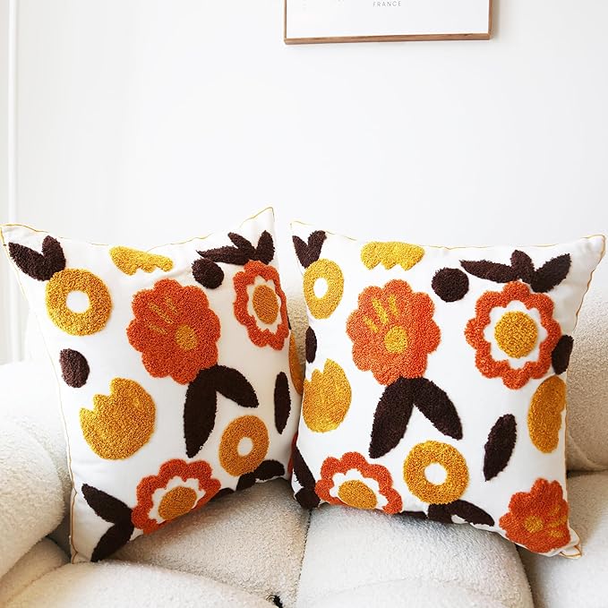 Embroidered Throw Pillow Cover Boho Floral Pillow Covers for Couch Sofa Orange Yellow Cotton Linen Bohemian Pillow Covers 3D Big Flowers 2PCS Botanical Pillowcase Covers 18x18 Inch