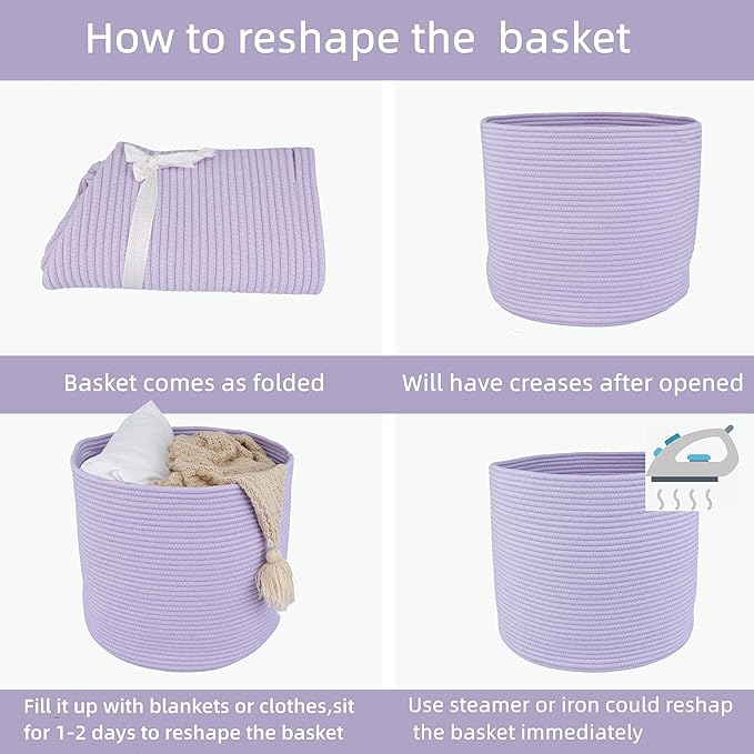 Cotton Rope Basket For Girls Boys Kids 16”X14” Baby Laundry Basket Nursery Bin Round Woven Baskets Organizer For Storage Toys Blankets Shoes Clothes purple